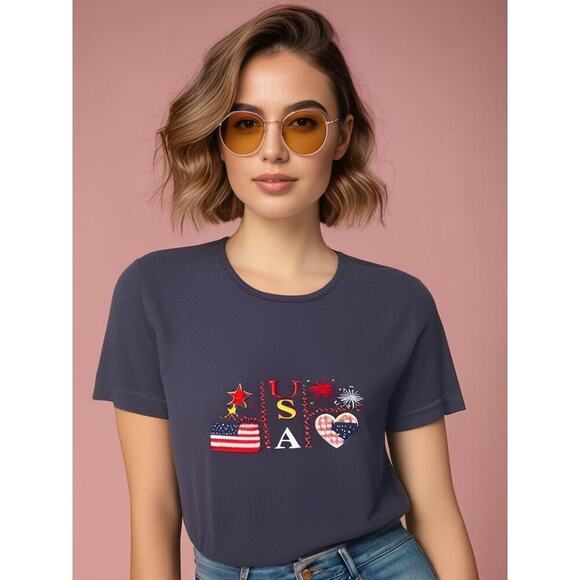 Women's Blue USA Star Patriotic T-Shirt Size‎ Medium Petites Casual Summer - Picture 1 of 6